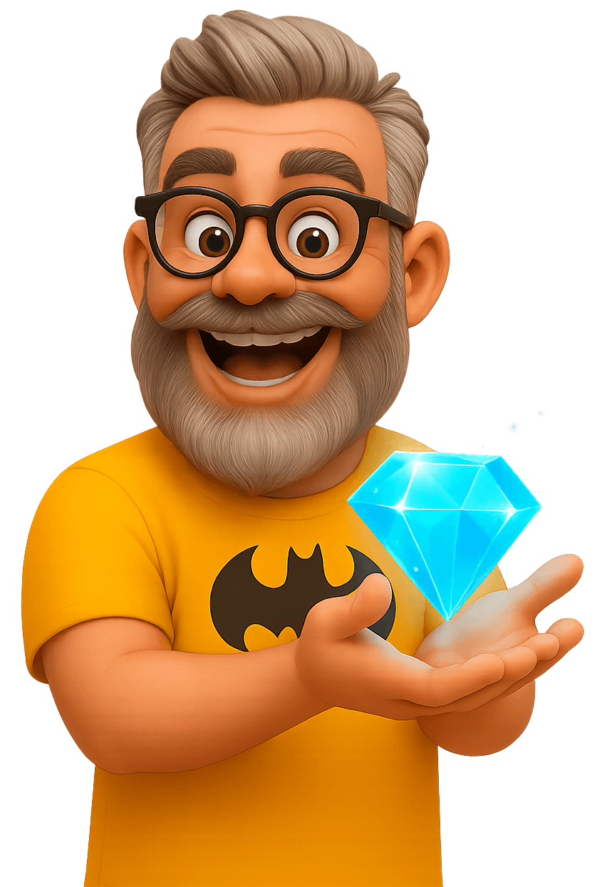 Cartoon character with glasses and beard holding a diamond